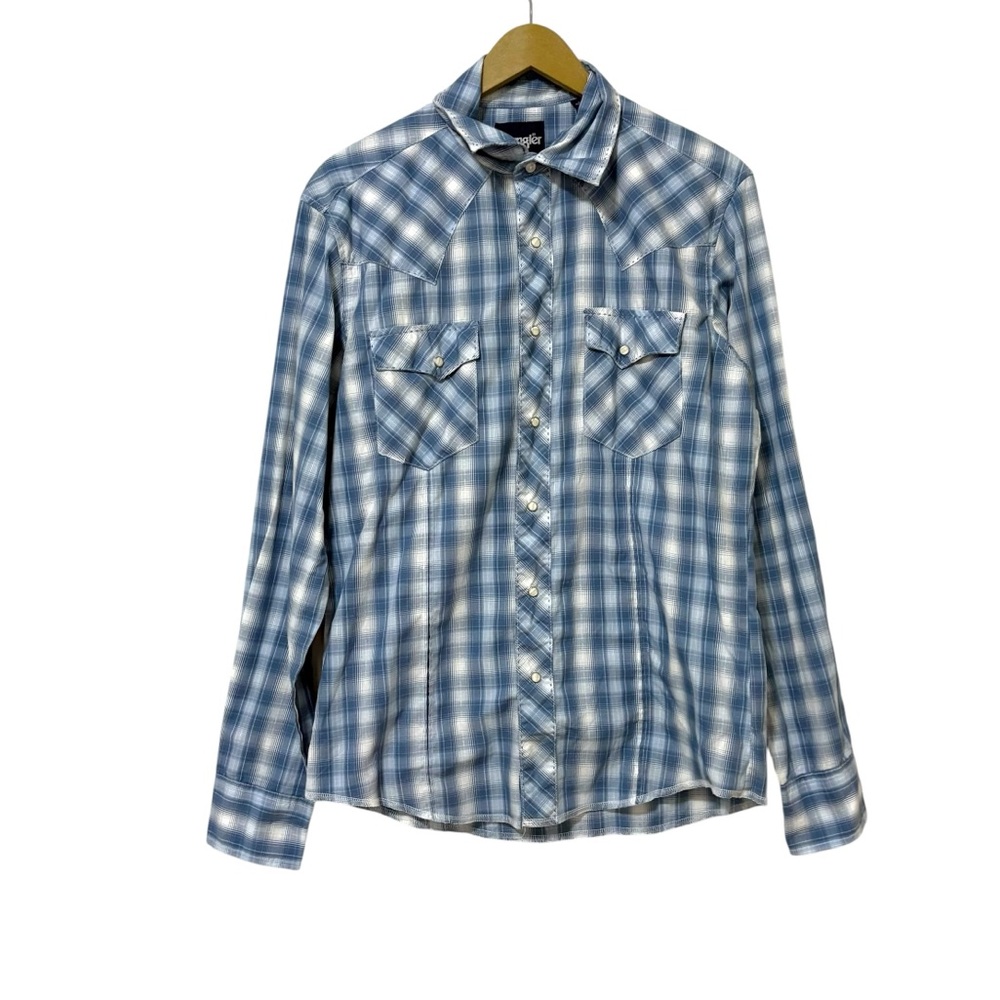 Vintage Wrangler Medium Blue White Plaid Pearl Snap Long Sleeve Shirt Western